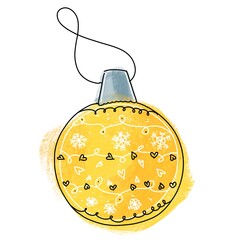 Christmas tree decoration. Drawing toys on the Christmas tree in yellow color. digital illustration, black and white line art with snowflakes, hearts and swirls