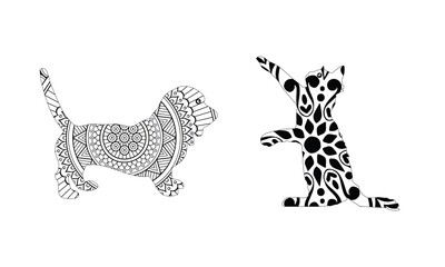 Dog. Cat. Design Zentangle. Hand drawn dog and cat with abstract patterns on isolation background. Design for spiritual relaxation for adults. Black and white illustration for coloring. Zen art
