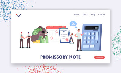Promissory Note, Simple Loan Agreement Landing Page Template. Tiny Characters Promise to Pay, Money Borrowing Document