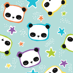 Seamless pattern with little panda and stars. Kids trendy print. Vector hand drawn illustration.