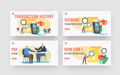 Transaction History Landing Page Template Set. Tiny Characters Read Bill at Huge Card Reader Machine or Pos Terminal