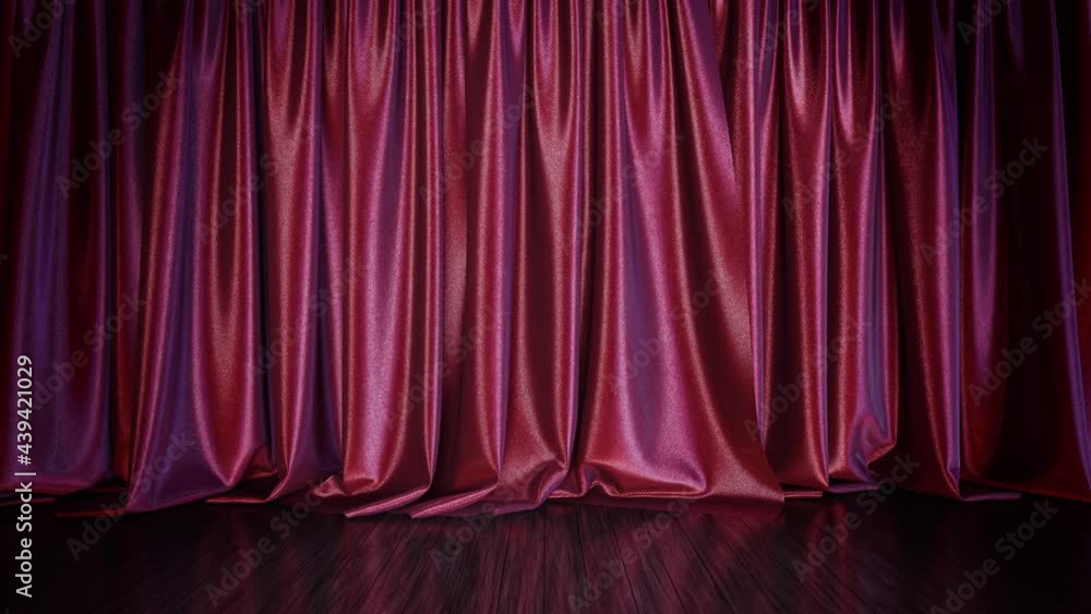 Poster realistic 3d animation of the stylish red textured stage curtain with reflecting wooden or laminate 
