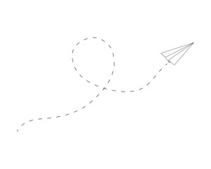Flying paper plane with path dashed line. Origami airplane linear icon. Delivery, communication, travel sign. Vector illustration.