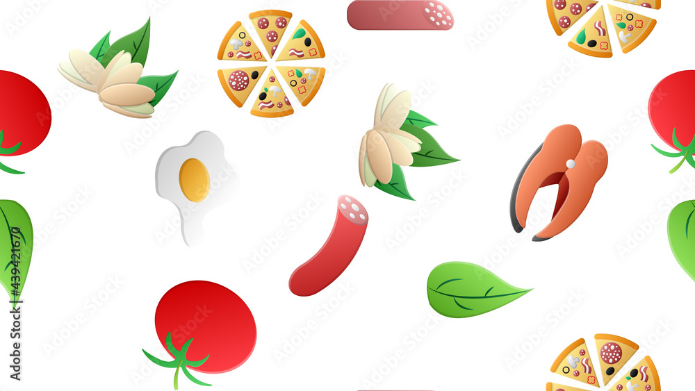 Poster endless white seamless pattern from a set of icons of delicious food and snacks items for a restaura