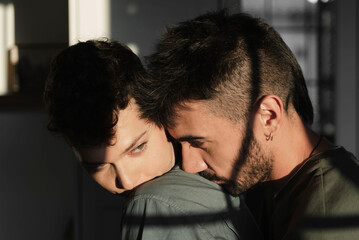 Same sex couple hugging in the room.