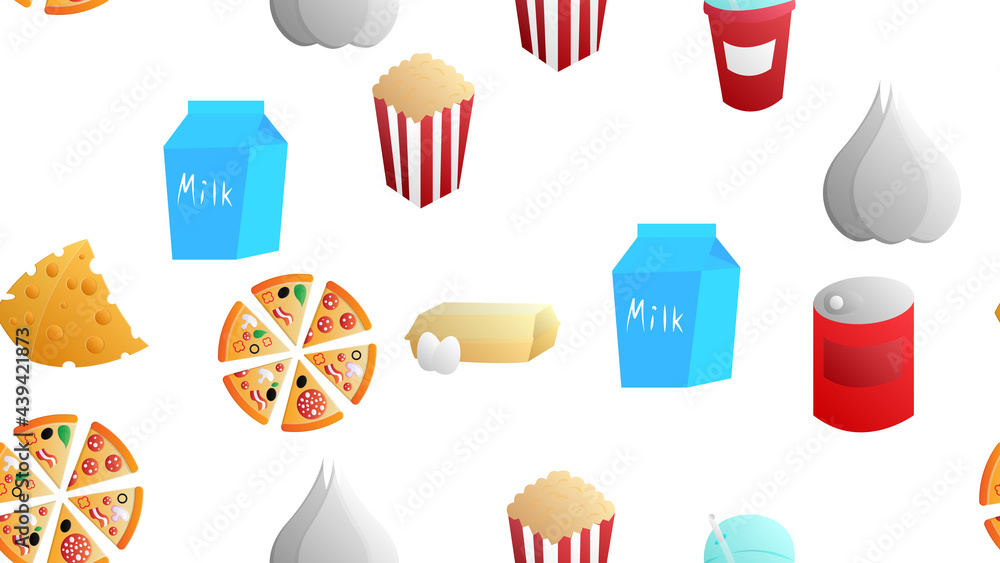 Poster endless white seamless pattern from a set of icons of delicious food and snacks items for a restaura