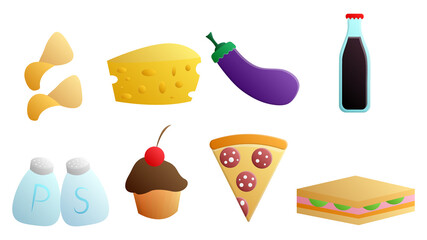 Set of eight icons of delicious food and snacks items for a cafe bar restaurant on a white background: chips, cheese, eggplant, soda, salt and pepper, muffin, pizza, sandwich