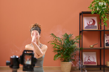 Female teacher recorded video how cross hands.