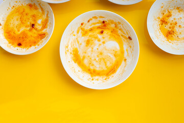 Dirty dishes on yellow background.
