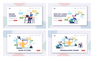 Obraz na płótnie Canvas Programming Courses Landing Page Template Set. Students Characters at Huge Laptop with Coach Explain Programmer Classes