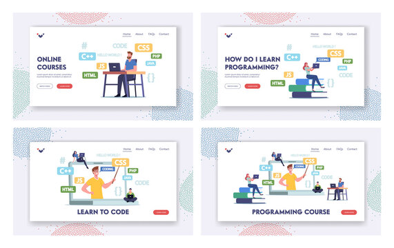 Programming Courses Landing Page Template Set. Students Characters at Huge Laptop with Coach Explain Programmer Classes
