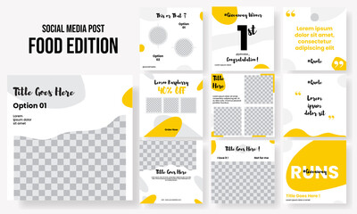 Set of editable square instagram post food products, promo, quote, engagement with yellow abstract design vector template