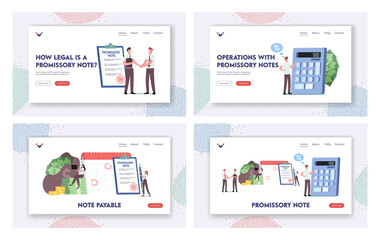 Obraz na płótnie Canvas Promissory Note, Loan Agreement Landing Page Template Set. Tiny Characters Promise to Pay, Money Borrowing Document