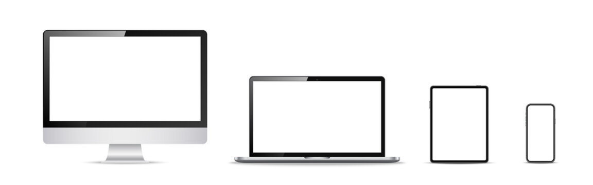 Computer, laptop, tablet, phone. Mockup collection on white backdrop. Realistic electronic devices. Isolated digital mobile gadgets. Vector illustration