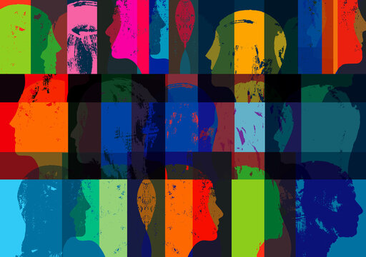 Abstract colorful overlapping head profiles pattern
