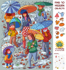 People with umbrellas in the rain. Find 10 hidden objects. Puzzle Hidden Items