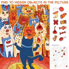 Choir of cats with cat conductor. Find 10 hidden objects. Puzzle Hidden Items