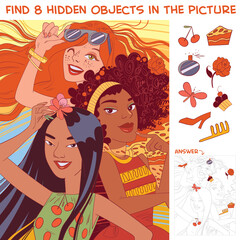 Ethnic diversity group of women. Find 8 hidden objects. Puzzle Hidden Items
