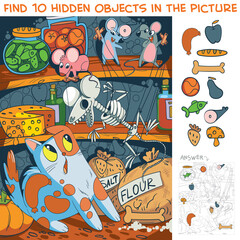 Mice scare cat. Find 10 hidden objects. Puzzle Hidden Items