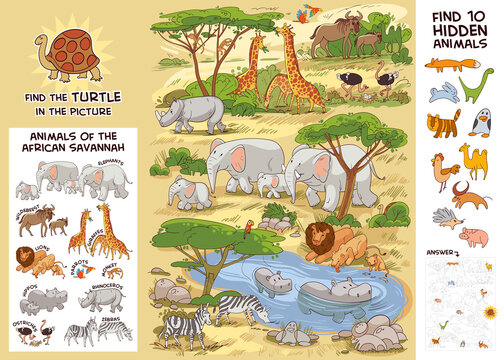 Animals of the African savannah. Puzzle Hidden Items. Puzzle Hidden Items