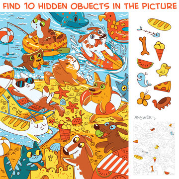 Pets on the beach. Find 10 hidden objects in the picture. Puzzle Hidden Items