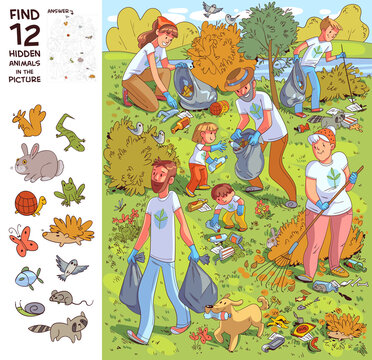 Family collects garbage on nature. Find 12 hidden objects in the picture. Puzzle Hidden Items