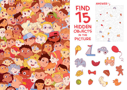 Ethnic Diversity Of Children's Faces. Find 15 Hidden Objects. Puzzle Hidden Items