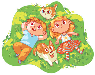 Girl, boy, dog and cat lying on green grass together. Sun glare on faces. Top view