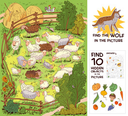 Find the wolf among the sheep. Find 10 hidden objects