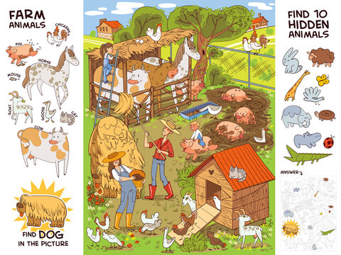 Farm life and farm animals. Find 10 hidden objects