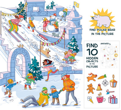 Winter fun. Find 10 hidden objects in the picture