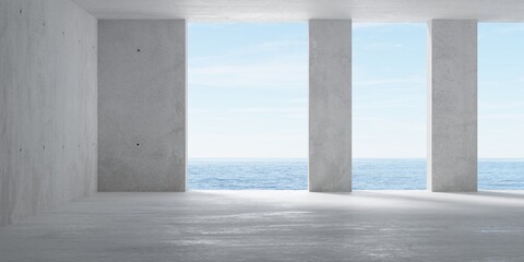 Fototapeta premium Abstract empty, modern concrete room with pillars opening with ocean view on the back wall and rough floor - industrial interior background template