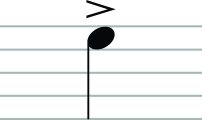 Black music symbol of Accent note on ledger lines