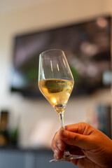 Tasting of cold brut Champagne sparkling wine  in underground cellars of wine house in Reims, Champagne, France