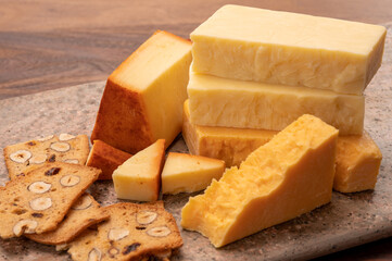Cheese collection, cheeses from United Kingdom, scottish matured farmcheese and mild cheddar cheese