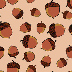 Acorns illustration scattered over tan background vector repeat pattern surface pattern design