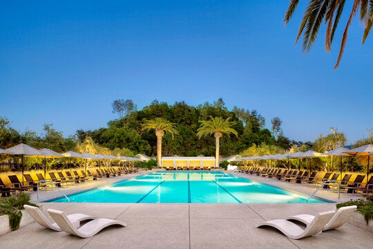 Resort swimming pool at dusk