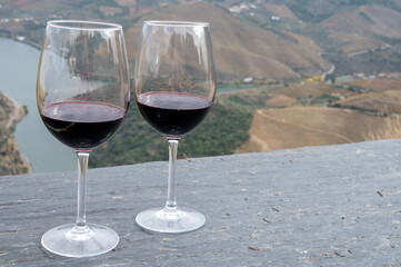 Tasting of Portuguese red dry wine, produced in Douro Valley and Douro river and terraced vineyards on background in autumn, Portugal