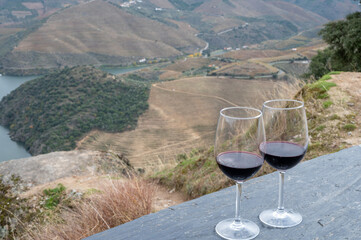 Tasting of Portuguese red dry wine, produced in Douro Valley and Douro river and terraced vineyards on background in autumn, Portugal