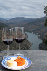 Tasting of Portuguese red dry wine, produced in Douro Valley with goat and sheep cheese and Douro river and terraced vineyards on background in autumn, Portugal