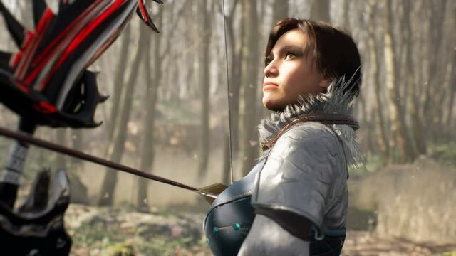 A female warrior fires her bow at an enemy in the morning forest. The girl was created using 3D computer graphics.The animation is designed for historical,medieval or fantasy backgrounds. 3D rendering