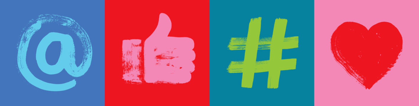 Social media banner, At Symbol, Like hand, hashtag, heart