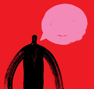 Silhouette of person with speech bubble on red background