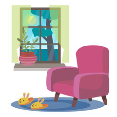 The chair is next to the window. Hugge style. Cartoon illustration