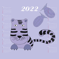 Calendar 2022. Tiger - a symbol of the new year, Cartoon tiger. Chinese horoscope calendar, calendar for 12 months. Week starts on Sunday. Vector illustration.