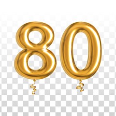 Vector realistic isolated golden balloon number of 80 for invitation decoration on the transparent background. - obrazy, fototapety, plakaty