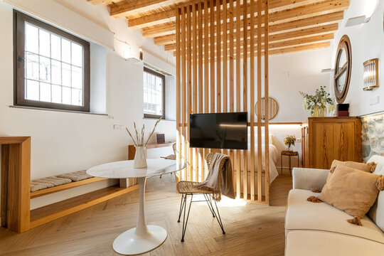 Interior of stylish open room and bedroom