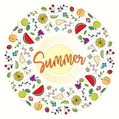 Bright line art round wreath of fruits and flowers with the inscription summer