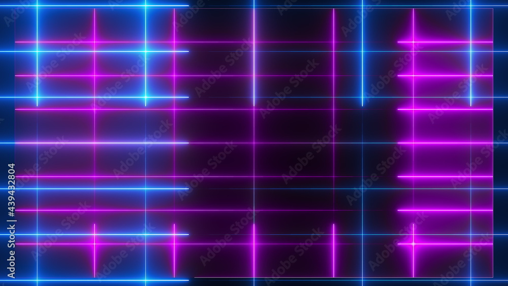 Poster geometric 3d render intersecting lines in digital synthwave. thin strips rays running along vaporwav