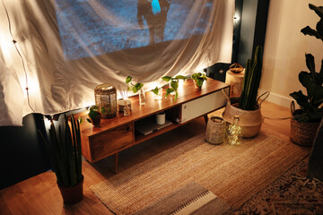 Decorations near cloth screen with film